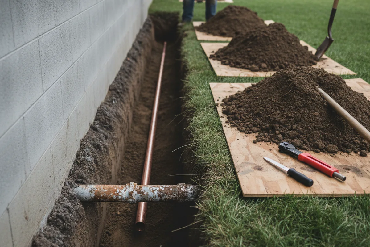 Excavated water line trench during Water Softener Installation in Westport